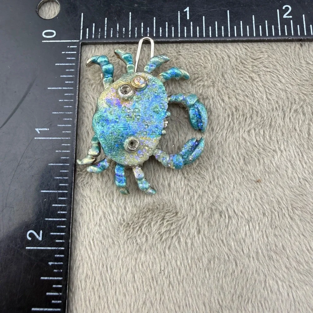 Vintage Yosca Crab Hair Clip Blue Enamel Rhinestone Animal Silver Tone